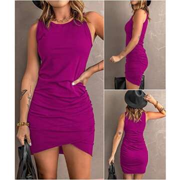 BTFBM Women 2025 Summer Sleeveless Tank Dresses Crew Neck Slim Fit Short Casual Ruched Bodycon Party Club Mini Dress(Dark Purple, Large)