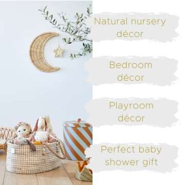 BEBE BASK Handmade Rattan Moon Wall Décor with Star - Moon Decor - 100% Natural Organic Rattan Moon Decor for The Boho Nursery Décor - Moon and Stars Nursery Décor - Stars and Moon Nursery Décor