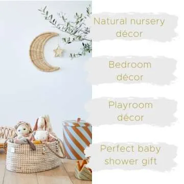 BEBE BASK Handmade Rattan Moon Wall Décor with Star - Moon Decor - 100% Natural Organic Rattan Moon Decor for The Boho Nursery Décor - Moon and Stars Nursery Décor - Stars and Moon Nursery Décor