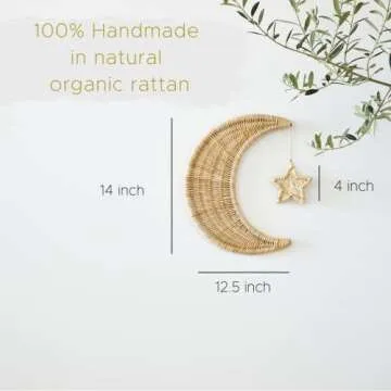 BEBE BASK Handmade Rattan Moon Wall Décor with Star - Moon Decor - 100% Natural Organic Rattan Moon Decor for The Boho Nursery Décor - Moon and Stars Nursery Décor - Stars and Moon Nursery Décor