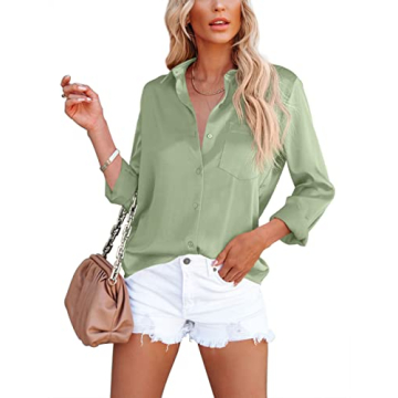 OMSJ Women's Button Down Shirts Satin V Neck Long Sleeve Casual Work Blouse Tops with Pocket (1173S,...