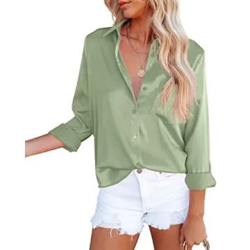 Stylish OMSJ Satin V Neck Button Down Blouse for Women