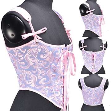 Women's Vintage Floral Lace Up Boned Camisole Bustier Royal Court Suspender Corset Fairy Crop Cami Tops Party Bodice Small Purple