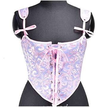 Women's Vintage Floral Lace Up Boned Camisole Bustier Royal Court Suspender Corset Fairy Crop Cami Tops Party Bodice Small Purple