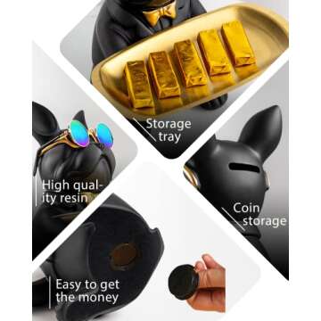 Bwytbwy French Bulldog Statue,Resin Bulldog Key Tray for Entryway Decor, Key Holder Organizer for Entryway Table, French Bulldog Gifts Black