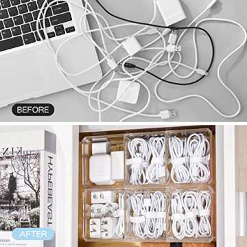 Yesesion Clear Plastic Cable Organizer Box with 10 Wire Ties, Electronics Management Organizer with 3 Compartments, Desk Accessories Storage Case for Drawer, Power Cord, Office, Stationery Supplies