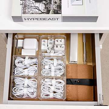 Yesesion Clear Plastic Cable Organizer Box with 10 Wire Ties, Electronics Management Organizer with 3 Compartments, Desk Accessories Storage Case for Drawer, Power Cord, Office, Stationery Supplies