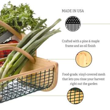 Gardener's Supply Company Garden Harvest Basket | Versatile Gardening & Vegetables Gathering Hod | Natural Smooth Pine - Maple Frame & Coated Mesh | 16"L x 9"W x 7"H - Small