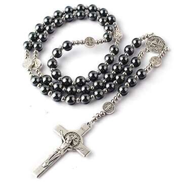HanlinCC Hematite Rosary with St Benedict Beads Necklace