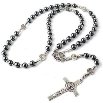 HanlinCC Hematite Rosary with St Benedict Beads Necklace