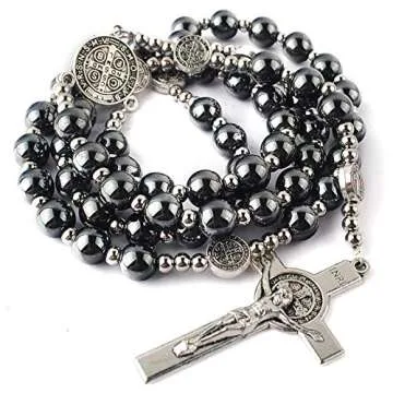 HanlinCC Hematite Rosary with St Benedict Beads Necklace