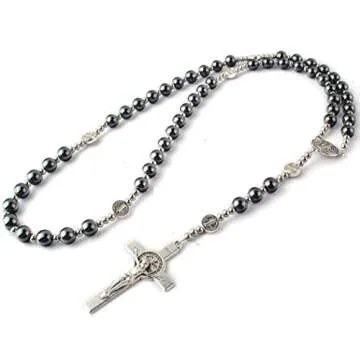 HanlinCC Hematite Rosary with St Benedict Beads Necklace