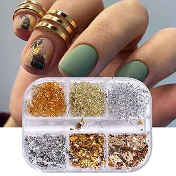 Eseres Nail Foil 3D Sparking Gold Flakes for Nails 6 Grids Metallic Nail Glitter for Nail Art Design