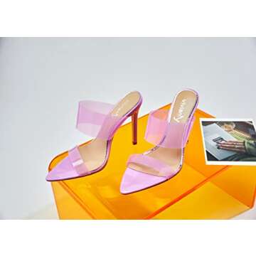 vivianly Clear Pointed Toe Heel Sandals Transparent Strap Stiletto High Heels Slip on Mules for Women Size 8
