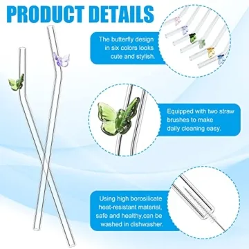 eBoot 6 Pcs Colorful Glass Straws with Butterfly Design