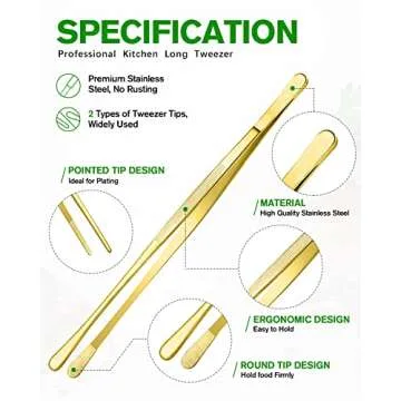 4 Pcs Fine Long Tweezer Tongs Professional Gold, 12" and 10" Stainless Steel for Kitchen, Food, Cook...