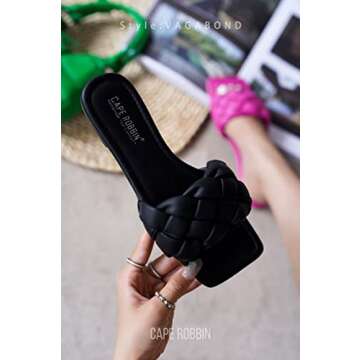 Cape Robbin Vagabond Sandals Women - Square Toe Sandals - Flat Braided Sandals for Women - Woven Womens Mules Slip On Shoes - Black Size 6