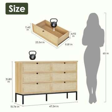 Yechen Modern 6 Drawer Dresser with Natural Rattan Drawers, Industrial Wood Double Dresser for Bedro...