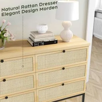 Yechen Modern 6 Drawer Dresser with Natural Rattan Drawers, Industrial Wood Double Dresser for Bedroom with Sturdy Steel Legs, Closet Storage Dressers Organizer TV Stand Dresser for Living Room