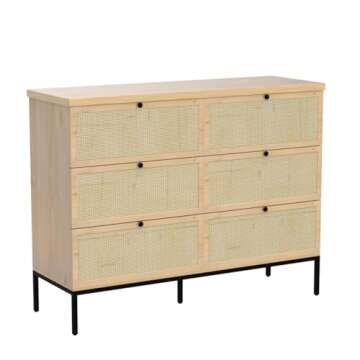 Yechen Modern 6 Drawer Dresser with Natural Rattan Drawers, Industrial Wood Double Dresser for Bedroom with Sturdy Steel Legs, Closet Storage Dressers Organizer TV Stand Dresser for Living Room