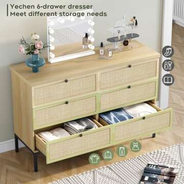 Yechen Modern 6 Drawer Dresser with Natural Rattan Drawers, Industrial Wood Double Dresser for Bedroom with Sturdy Steel Legs, Closet Storage Dressers Organizer TV Stand Dresser for Living Room