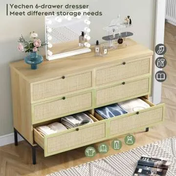 Yechen Modern 6 Drawer Dresser with Natural Rattan Drawers, Industrial Wood Double Dresser for Bedroom with Sturdy Steel Legs, Closet Storage Dressers Organizer TV Stand Dresser for Living Room