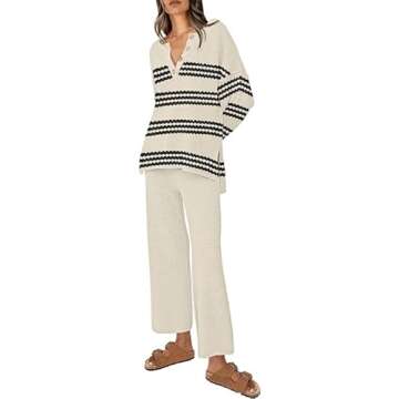ETCYY NEW Women's Two Piece Trendy Sweater Set Outfit Knit Lounge Set Oversized Pullover Wide Leg Pa...