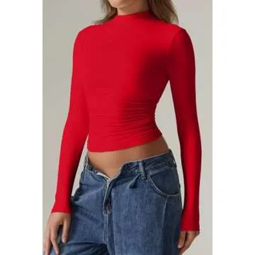 QINSEN Mock Neck Fashionable Long Sleeve Crop Top - Red XS