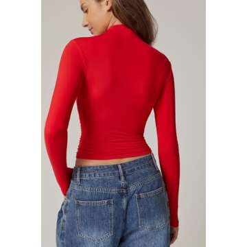 QINSEN Womens Classic Fashion Mock Neck Shirt Long Sleeve Side Ruched Bodycon Y2k Crop Top Red XS