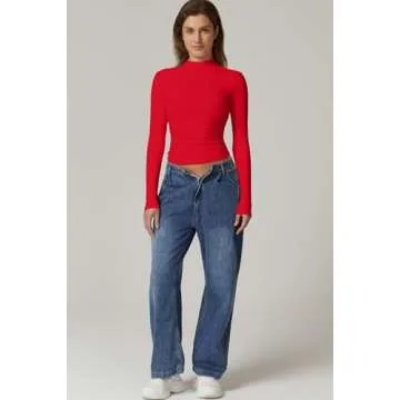 QINSEN Womens Mock Neck Long Sleeve Crop Top Red XS