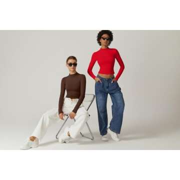 QINSEN Womens Classic Fashion Mock Neck Shirt Long Sleeve Side Ruched Bodycon Y2k Crop Top Red XS