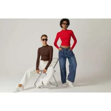 QINSEN Womens Mock Neck Long Sleeve Crop Top Red XS