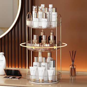 YCIA&DONE 360 Rotating Makeup Organizer and Storage for Vanity Countertop 3 Tiers, High Capacity Cosmetic Skincare Perfume Organizers for Dresser Bathroom Lazy Susan (Clear White)