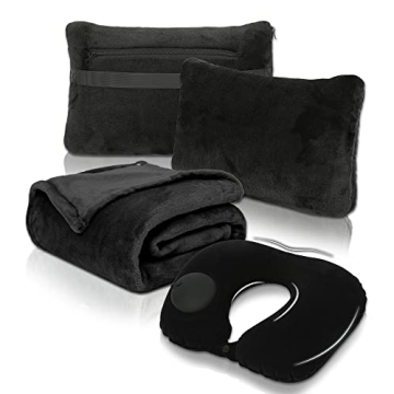 Travel Blanket and Pillow Set - Portable Inflation Neck Pillow and Soft Airplane Blanket with Carryi...