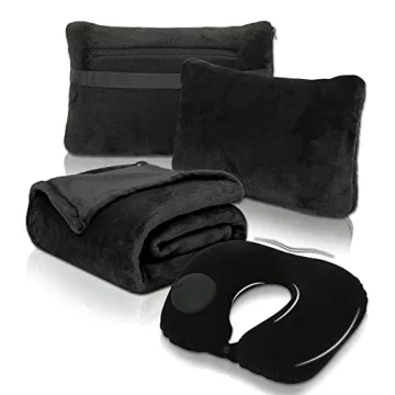 Travel Blanket and Pillow Set - Portable Inflation Neck Pillow and Soft Airplane Blanket with Carryi...