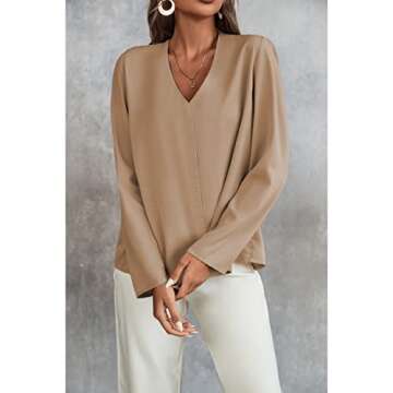 BROVAVE Women's Long Sleeve Shirts V Neck Business Casual Plain Work Blouses Tops