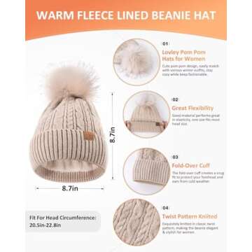 Fashionable Warm Winter Beanie Hat Scarf Gloves Set for Women, Cute Pom Pom Beanie with Fleece Lined...