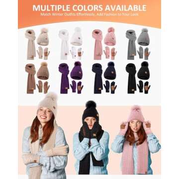 Stylish Winter Hat Scarf Gloves Set with Pom Pom
