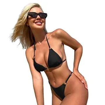 MIKETAI Sexy Bikinis for Women 2 Piece Bikini Spaghetti Strap Swimsuits Solid Color Bathing Swimwear Triangle Bathing Suit (Black S)