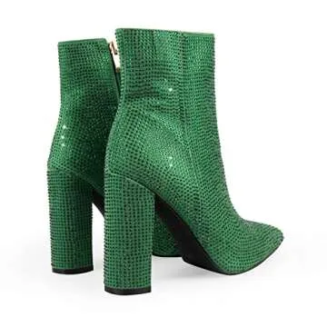 richealnini Sexy Pointed Toe Ankle Boots for Women Rhinestones Block Chunky Heeled Booties with Zippers Zip Up Thick Heeled Short Booties Crystal Mid Calf Boots Party Wedding Club Dress Green Size 7