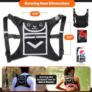 Running Mini Backpack Vest for Men and Women – Black Reflective Design with 360° Visibility, Fits iPhone, Android, and iPad Mini – Lightweight Adjustable Gear for Fitness, Cycling, Hiking
