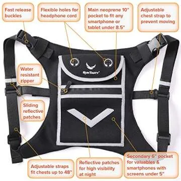 Running Mini Backpack Vest for Men and Women – Black Reflective Design with 360° Visibility, Fits iPhone, Android, and iPad Mini – Lightweight Adjustable Gear for Fitness, Cycling, Hiking