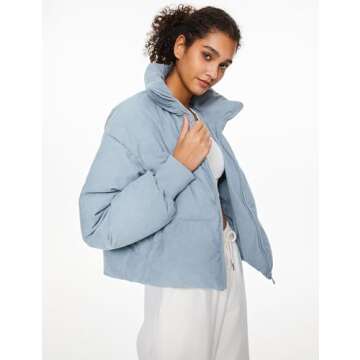 Orolay Women's Corduroy Zip Puffer Jacket - Stand Collar Baggy Down Coat Cropped Overcoat with Pockets Blue Medium