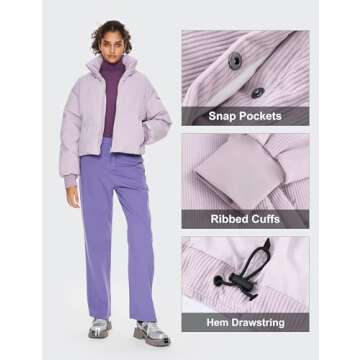 Orolay Women's Corduroy Zip Puffer Jacket - Stand Collar Baggy Down Coat Cropped Overcoat with Pockets Blue Medium