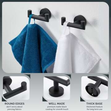 Angle Simple Double Towel Hook Matte Black 2 PCS, Stainless Steel Bathroom Robe Hook, Hand Towel Holder for Wall