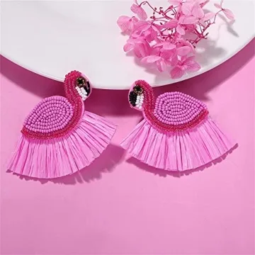 Statement Animals Beaded Drop Earrings Parrot Flamingo Swan Tassel Fringe Dangle Earrings Rainbow Beaded Crystal Handmade Earring Cute Sparkly Birdie Studs Earrings Jewelry For Women - Swan