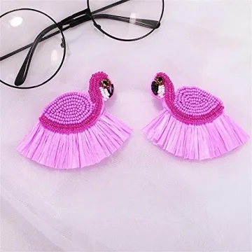 Statement Animals Beaded Drop Earrings Parrot Flamingo Swan Tassel Fringe Dangle Earrings Rainbow Beaded Crystal Handmade Earring Cute Sparkly Birdie Studs Earrings Jewelry For Women - Swan