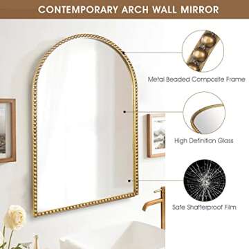 Fobule Arched Wall Mirror for Bathroom, 20"x30" Metal Beaded Frame Decorative Accent Mirror, Large Modern Distressed Hanging Wall Decor for Washroom, Bedroom, Living Room, Entryway, Antique Gold