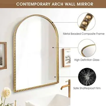 Fobule Arched Wall Mirror for Bathroom, 20"x30" Metal Beaded Frame Decorative Accent Mirror, Large Modern Distressed Hanging Wall Decor for Washroom, Bedroom, Living Room, Entryway, Antique Gold