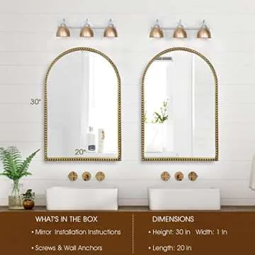 Fobule Arched Wall Mirror for Bathroom, 20"x30" Metal Beaded Frame Decorative Accent Mirror, Large Modern Distressed Hanging Wall Decor for Washroom, Bedroom, Living Room, Entryway, Antique Gold